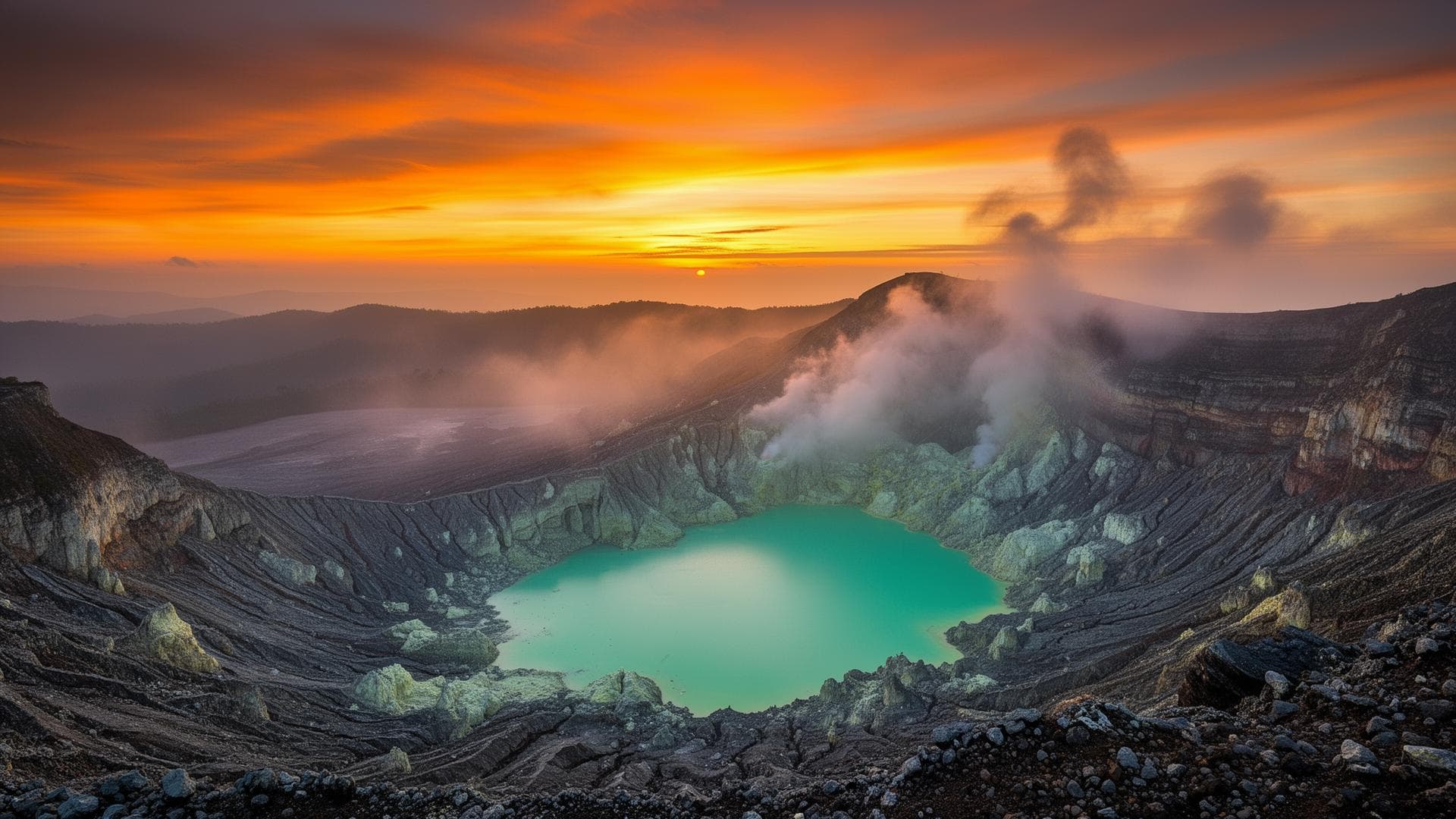 Kawah Ijen volcanic crater at sunrise